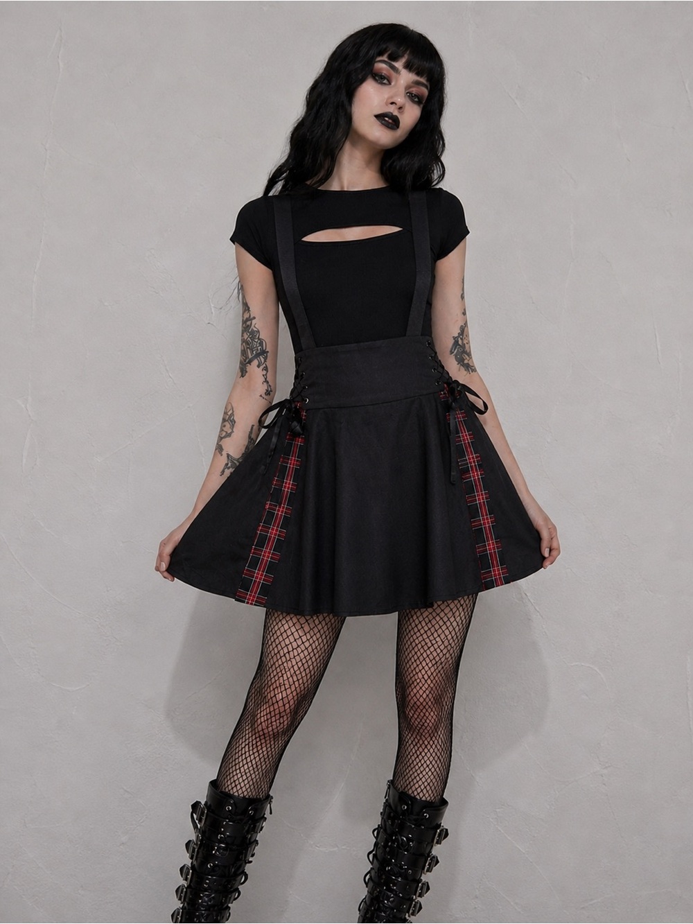 Hot Topic Black Skater Skirt with Red Plaid Panels & Suspenders